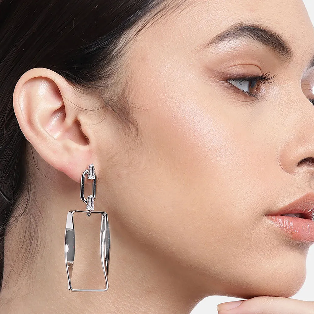 Carlton London Women'S Brass Silver-Toned Rhodium Plated Cz Studded Handcrafted Geometric Drop Earrings Fje3434