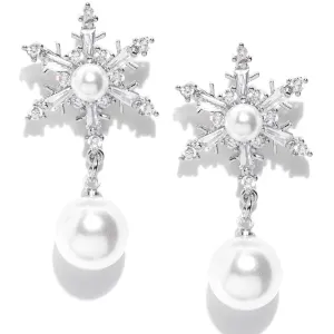 Carlton London Women'S Brass Silver-Toned Rhodium-Plated Stone-Studded & Beaded Floral Drop Earrings Fje2334
