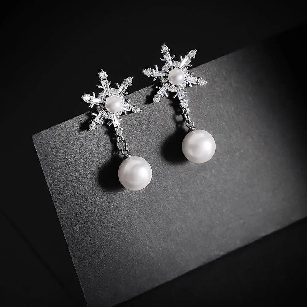 Carlton London Women'S Brass Silver-Toned Rhodium-Plated Stone-Studded & Beaded Floral Drop Earrings Fje2334