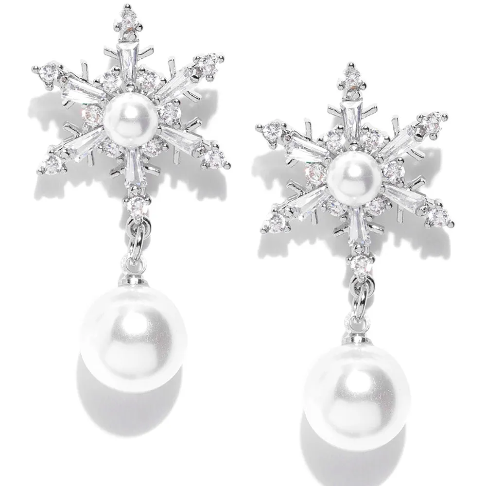Carlton London Women'S Brass Silver-Toned Rhodium-Plated Stone-Studded & Beaded Floral Drop Earrings Fje2334