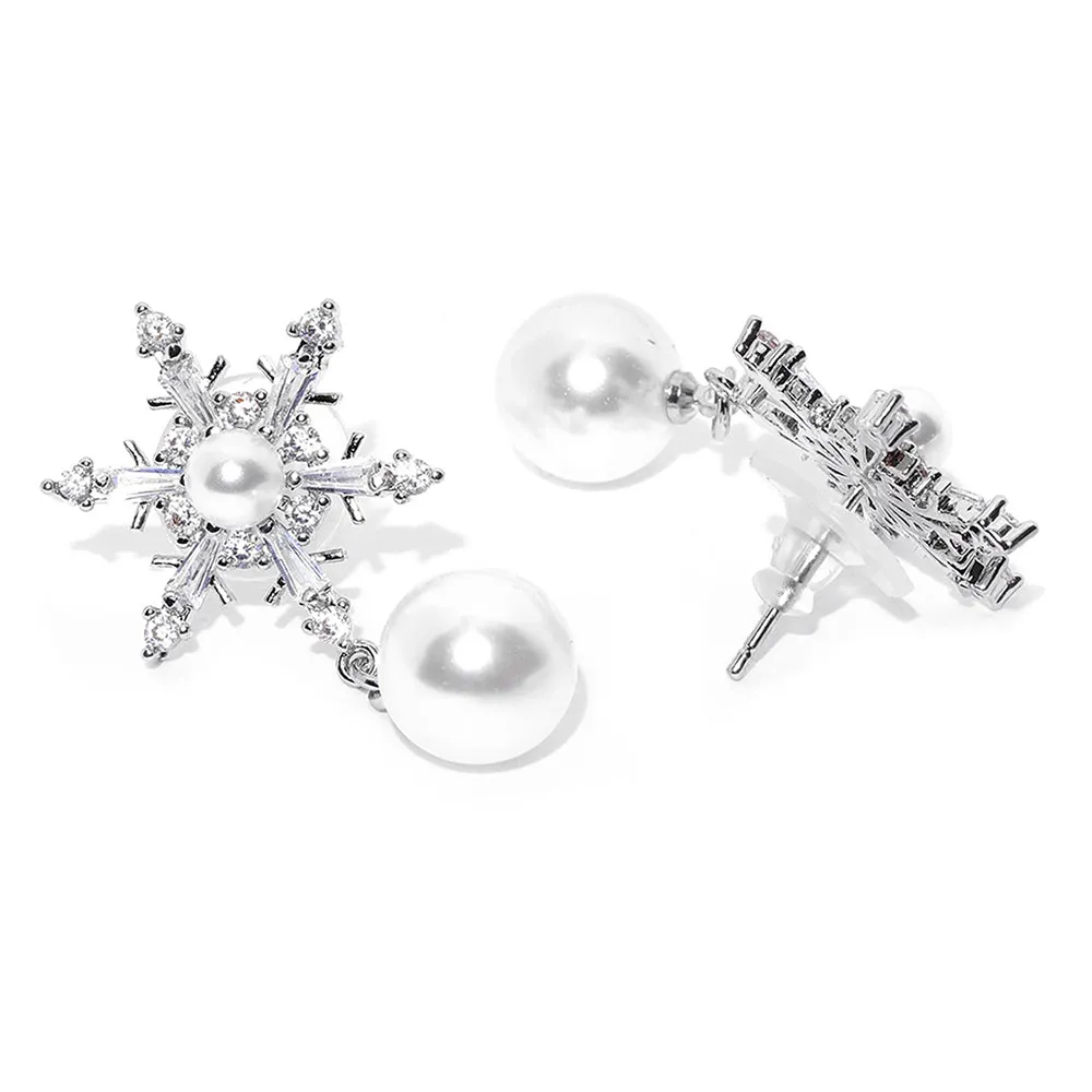 Carlton London Women'S Brass Silver-Toned Rhodium-Plated Stone-Studded & Beaded Floral Drop Earrings Fje2334