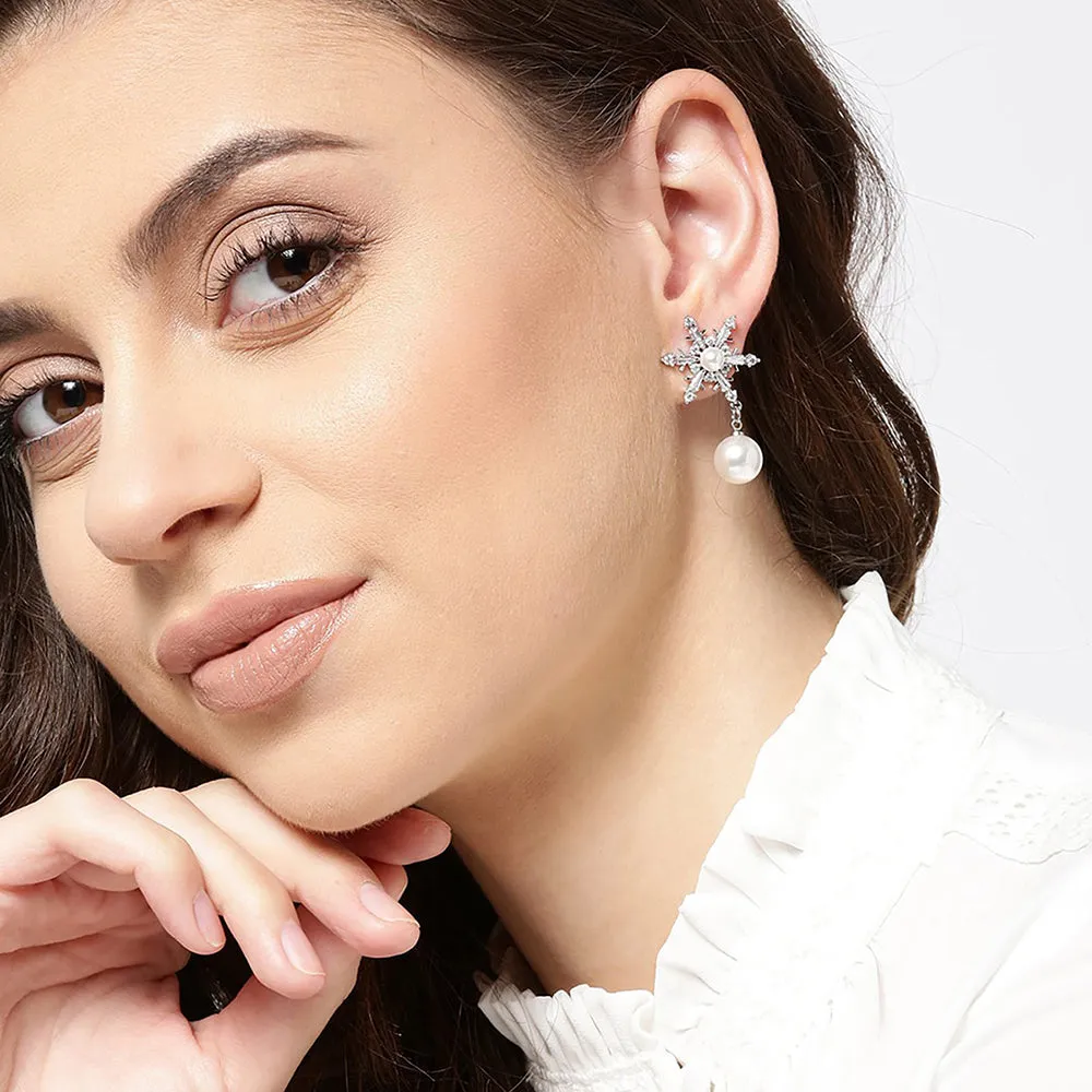 Carlton London Women'S Brass Silver-Toned Rhodium-Plated Stone-Studded & Beaded Floral Drop Earrings Fje2334