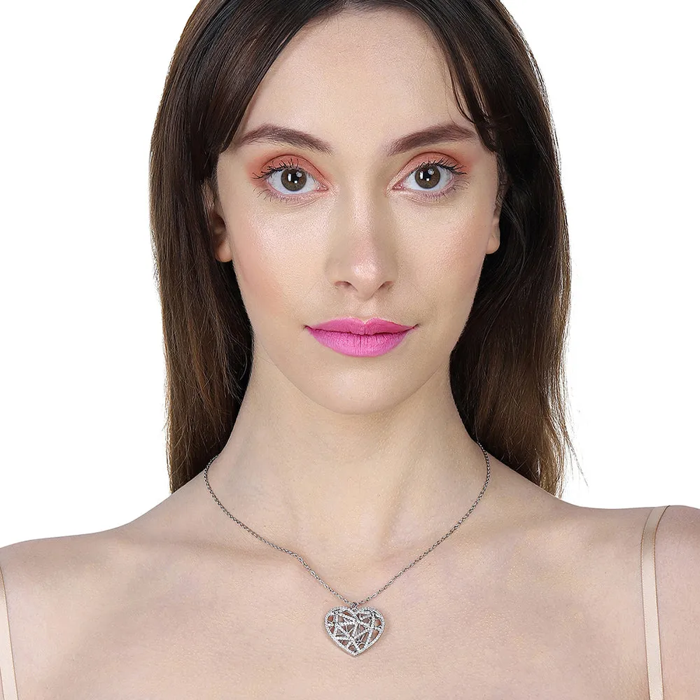 Carlton London Women'S Premium Silver Toned Cubic Zirconia Studded Rhodium-Plated Heart Shaped Pendant With Chain Fjn4162