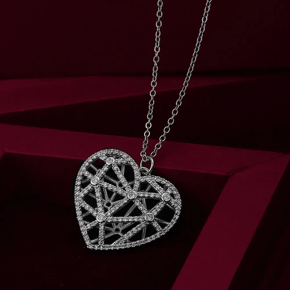 Carlton London Women'S Premium Silver Toned Cubic Zirconia Studded Rhodium-Plated Heart Shaped Pendant With Chain Fjn4162