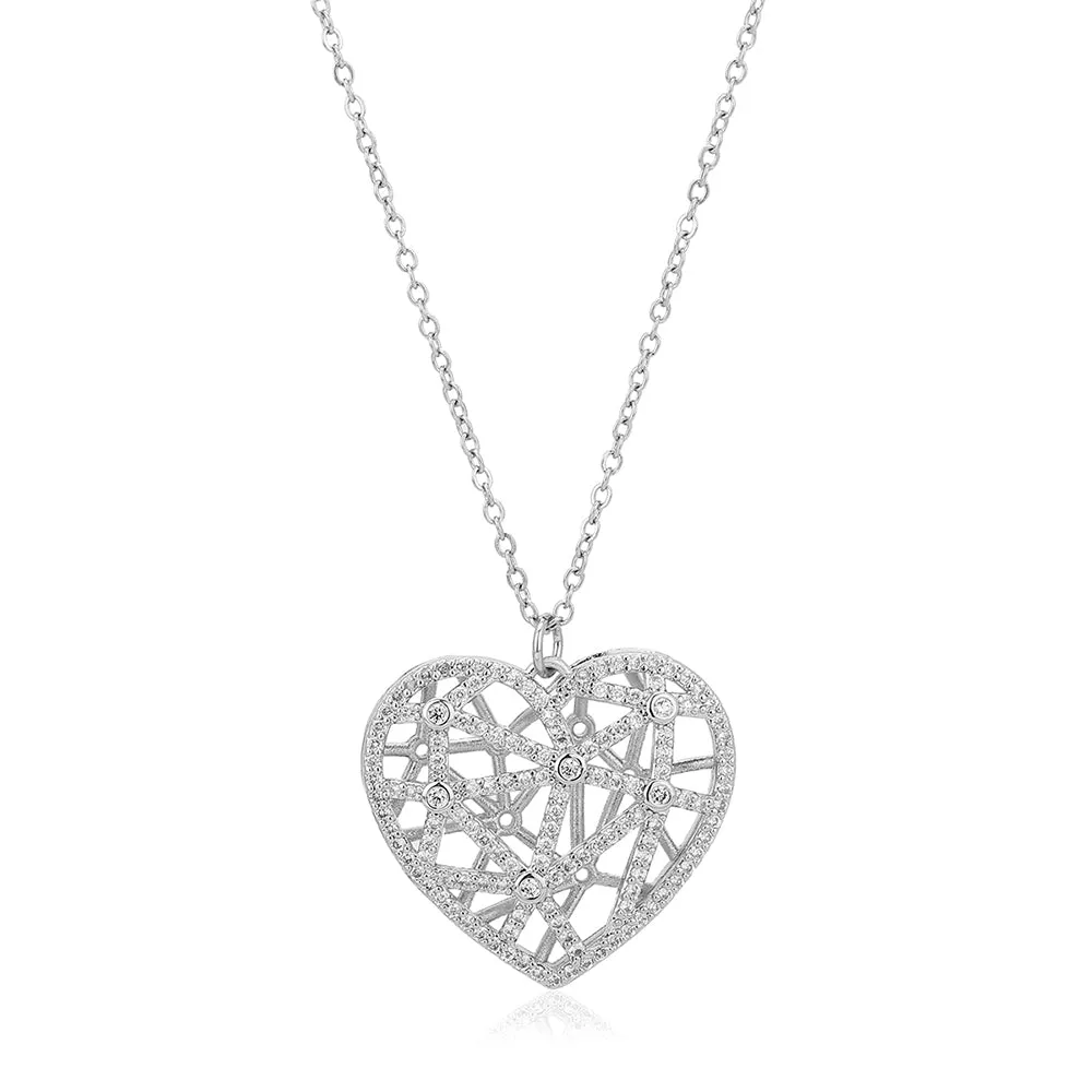 Carlton London Women'S Premium Silver Toned Cubic Zirconia Studded Rhodium-Plated Heart Shaped Pendant With Chain Fjn4162