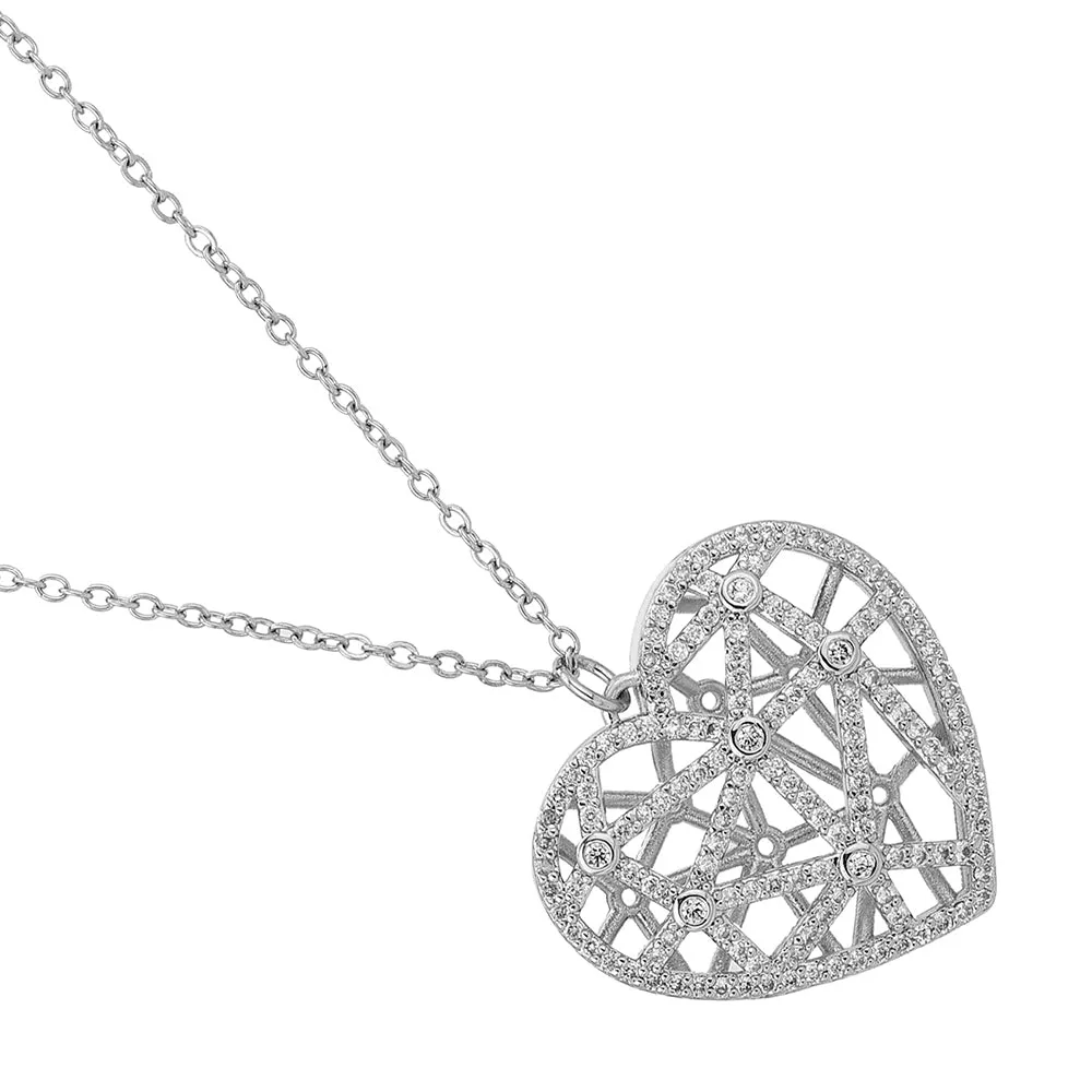 Carlton London Women'S Premium Silver Toned Cubic Zirconia Studded Rhodium-Plated Heart Shaped Pendant With Chain Fjn4162
