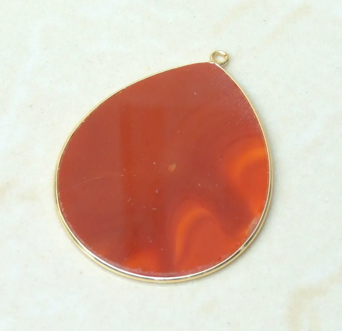 Carnelian Pendant, Gemstone Pendant, Slice Pendant, Gold Plated Bezel and Bail, Teardrop Pendant, Thin and Polished - 32mm x 38mm