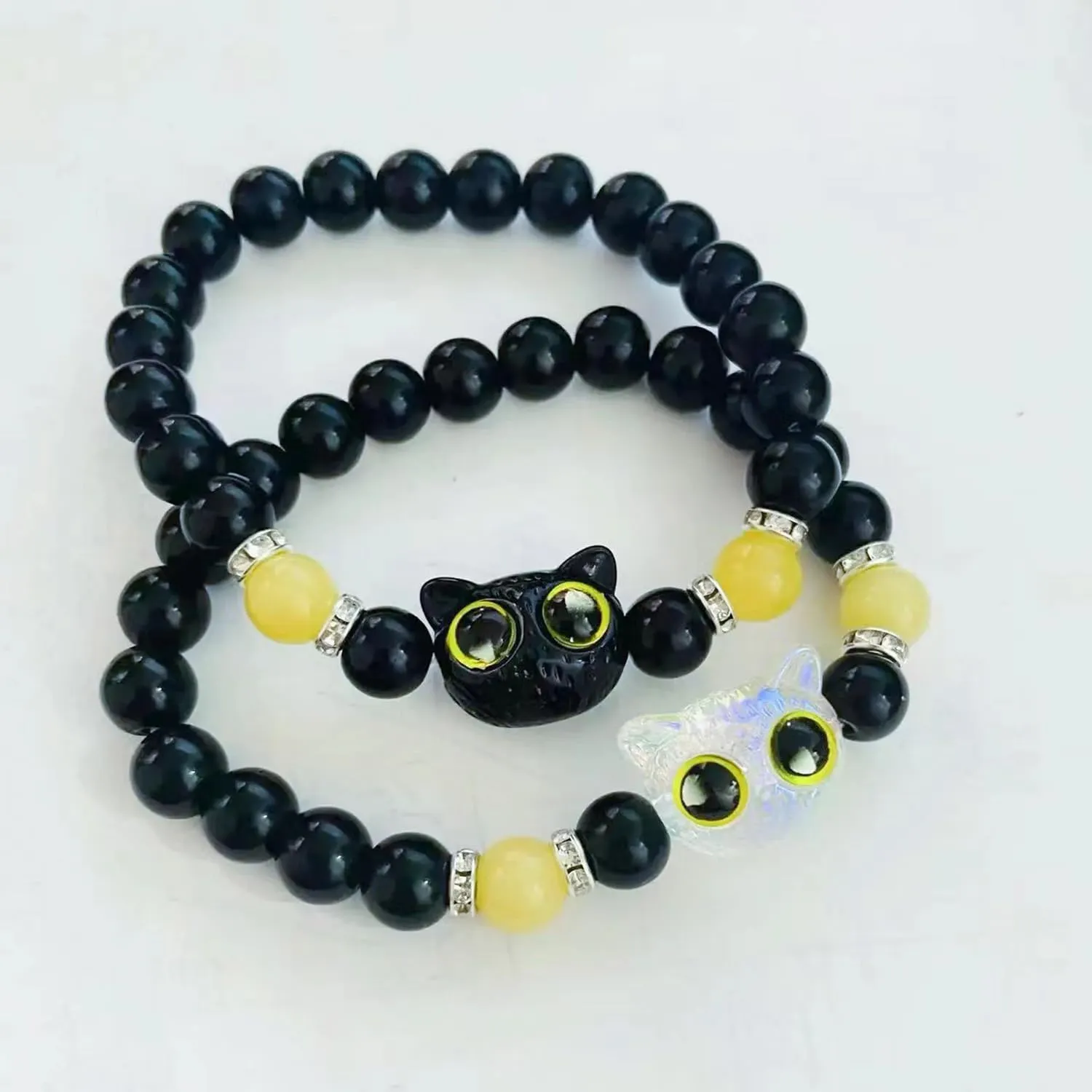 Cat Charm Bracelet Set for Women Men, Elastic Beaded Kitty Charms Bracelets