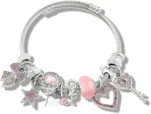 Cute Pink Bangle Bracelet with Heart, Butterfly and Star Charm, Adjustable Stainless Steel Bracelet, Cartoon Bangle Bracelet for Women,Diy Kawaii Charm Bracelet