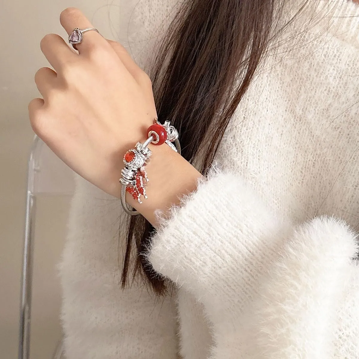 Cute Pink Bangle Bracelet with Heart, Butterfly and Star Charm, Adjustable Stainless Steel Bracelet, Cartoon Bangle Bracelet for Women,Diy Kawaii Charm Bracelet