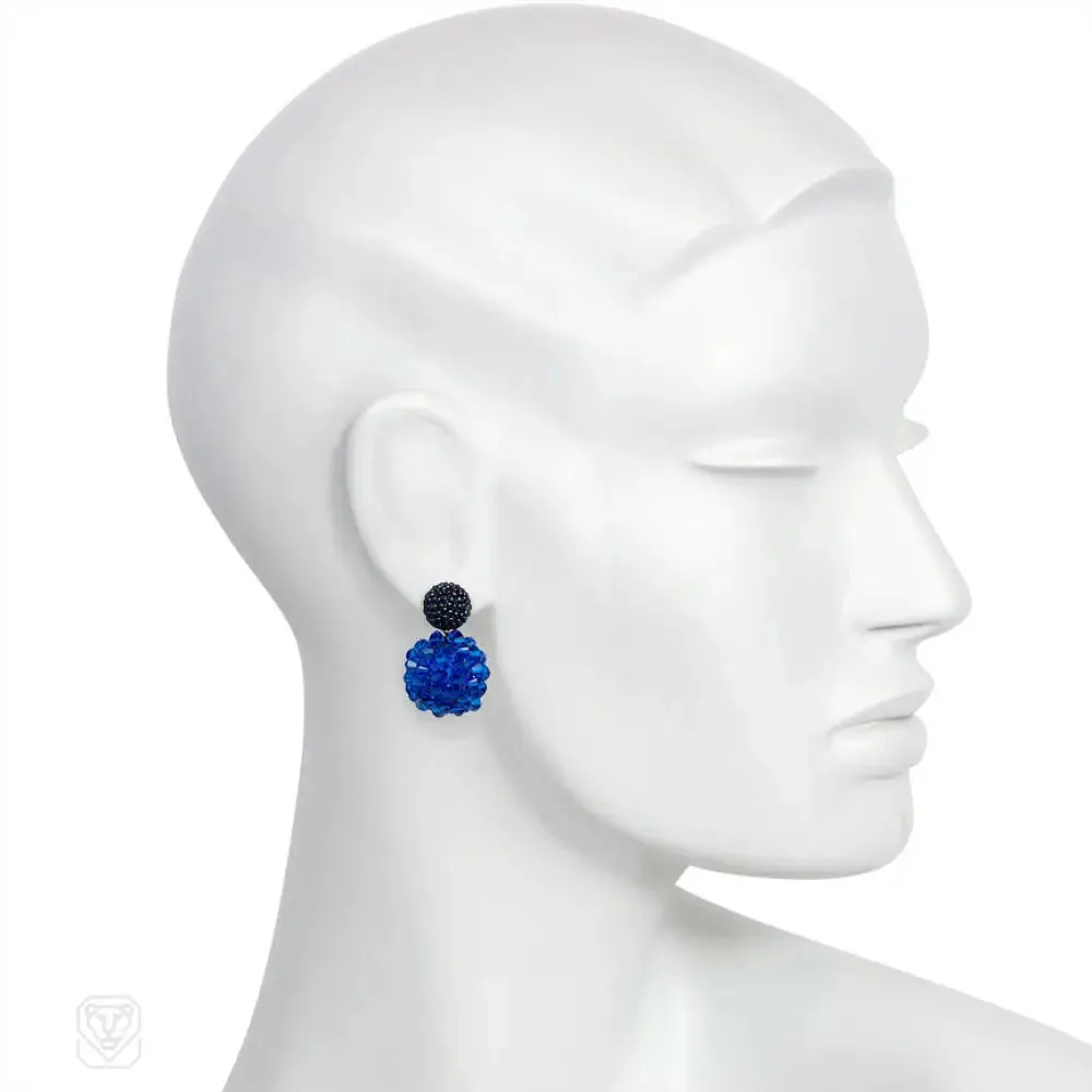Dark blue and teal hand beaded earrings