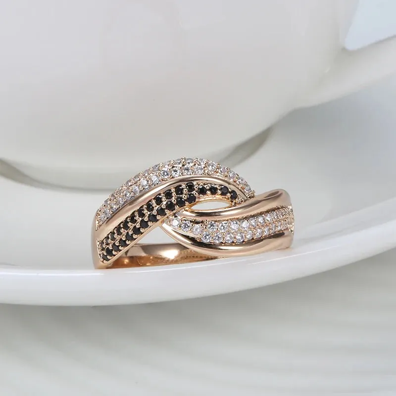Dazzling Filled 14K Rose Gold Double White Black AAA  CZ Diamonds Crossing Design Women Rings Luxury Gothic Jewelry