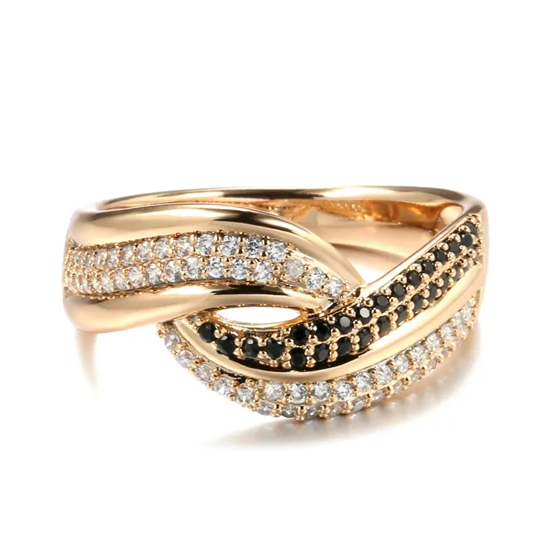 Dazzling Filled 14K Rose Gold Double White Black AAA  CZ Diamonds Crossing Design Women Rings Luxury Gothic Jewelry