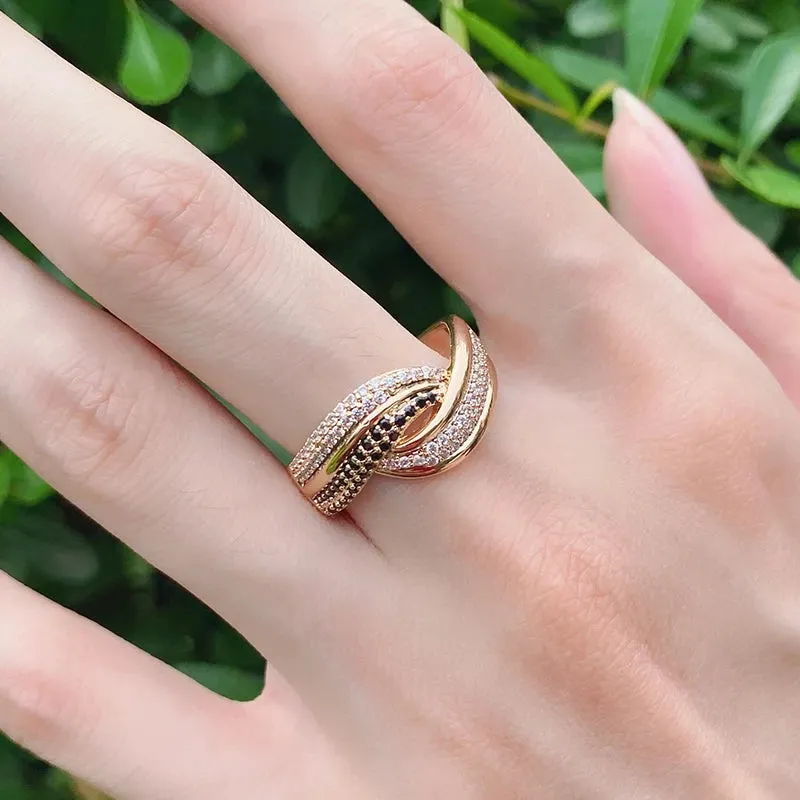Dazzling Filled 14K Rose Gold Double White Black AAA  CZ Diamonds Crossing Design Women Rings Luxury Gothic Jewelry