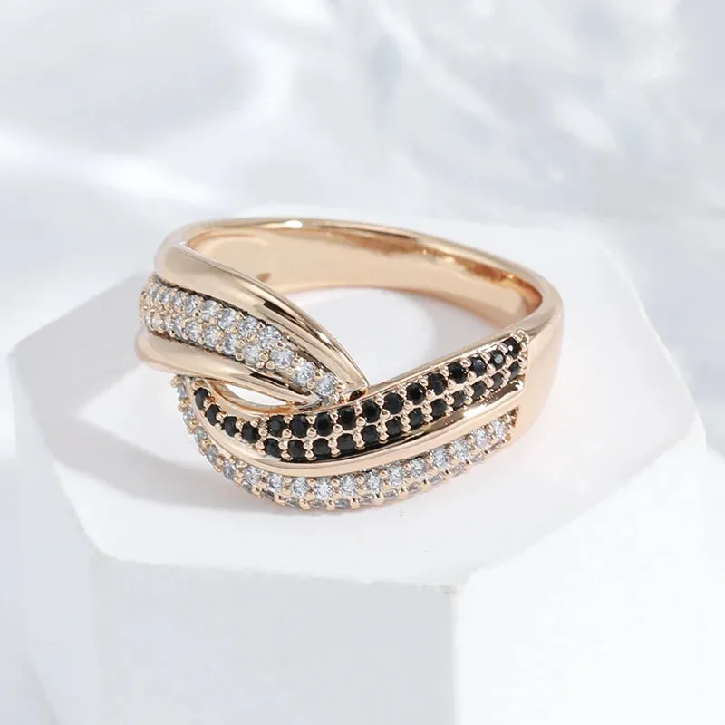 Dazzling Filled 14K Rose Gold Double White Black AAA  CZ Diamonds Crossing Design Women Rings Luxury Gothic Jewelry