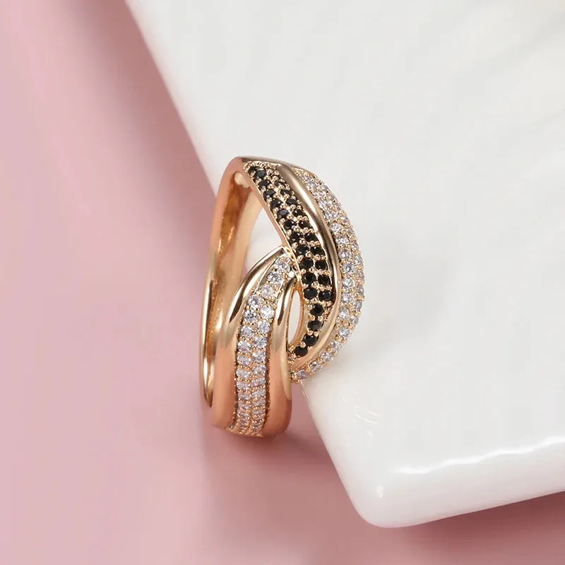 Dazzling Filled 14K Rose Gold Double White Black AAA  CZ Diamonds Crossing Design Women Rings Luxury Gothic Jewelry