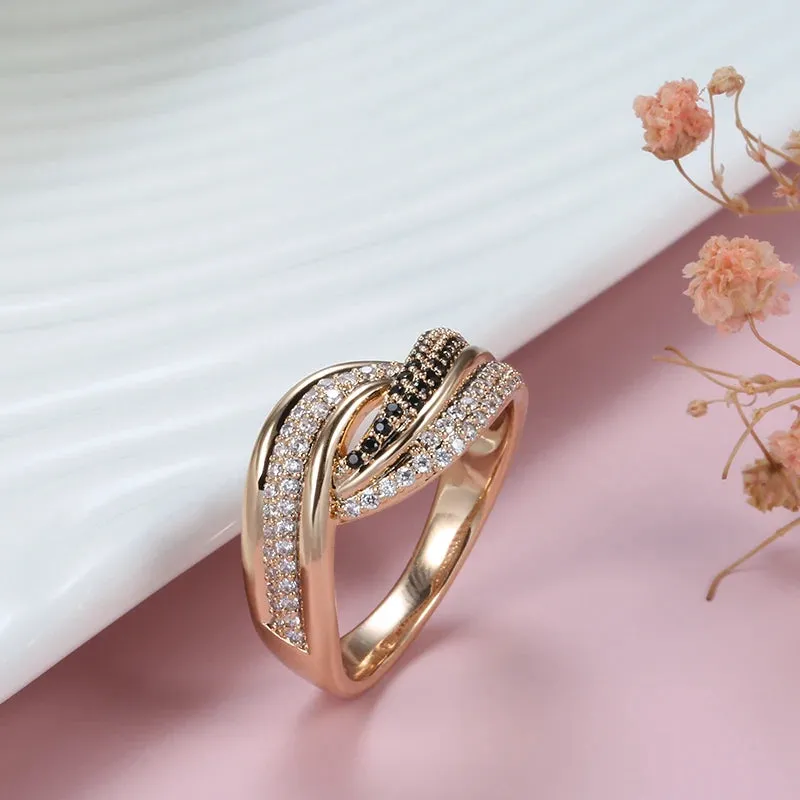 Dazzling Filled 14K Rose Gold Double White Black AAA  CZ Diamonds Crossing Design Women Rings Luxury Gothic Jewelry