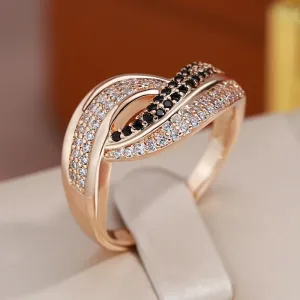 Dazzling Filled 14K Rose Gold Double White Black AAA  CZ Diamonds Crossing Design Women Rings Luxury Gothic Jewelry