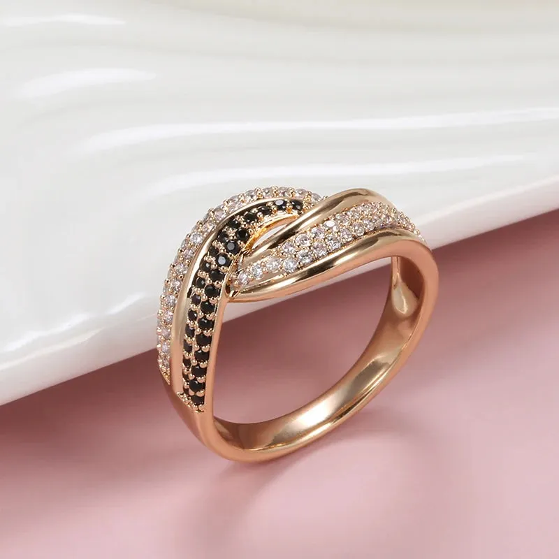 Dazzling Filled 14K Rose Gold Double White Black AAA  CZ Diamonds Crossing Design Women Rings Luxury Gothic Jewelry