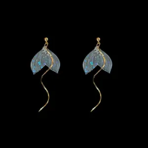 Delicate Iridescent Fish Tail Earrings with Gold Swirl Design-jlt11524