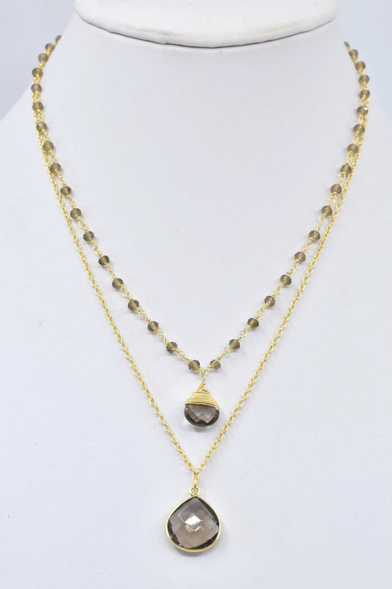Double Jill Necklace with Gold Smoky Quartz Chain and Smoky Quartz Pendant