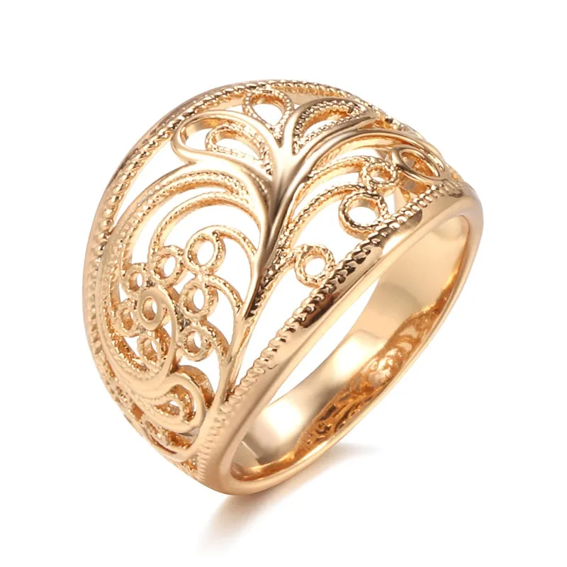 Elegant Hollow Texture Glossy 585 Gold Color Wide Rings For Women