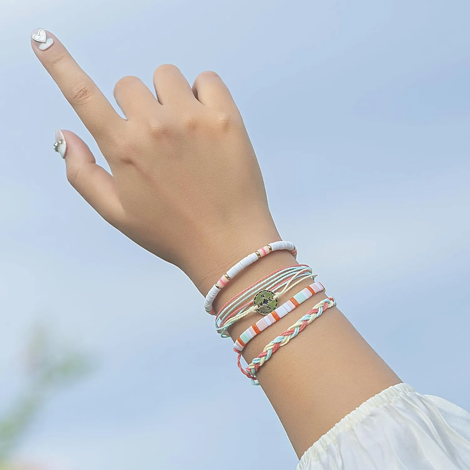 FANCY SHINY Beaded String Bracelets Compass Charm Clay Beads Boho Bracelet Stack Friendship Bracelets for Women
