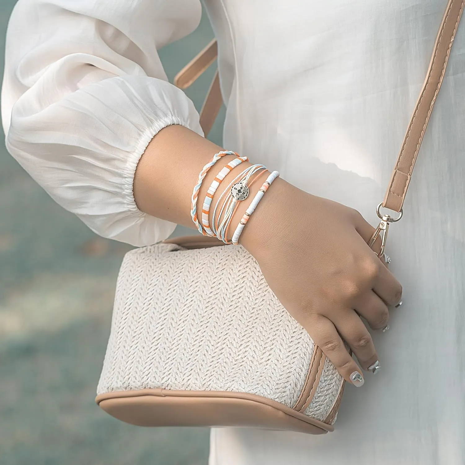 FANCY SHINY Beaded String Bracelets Compass Charm Clay Beads Boho Bracelet Stack Friendship Bracelets for Women