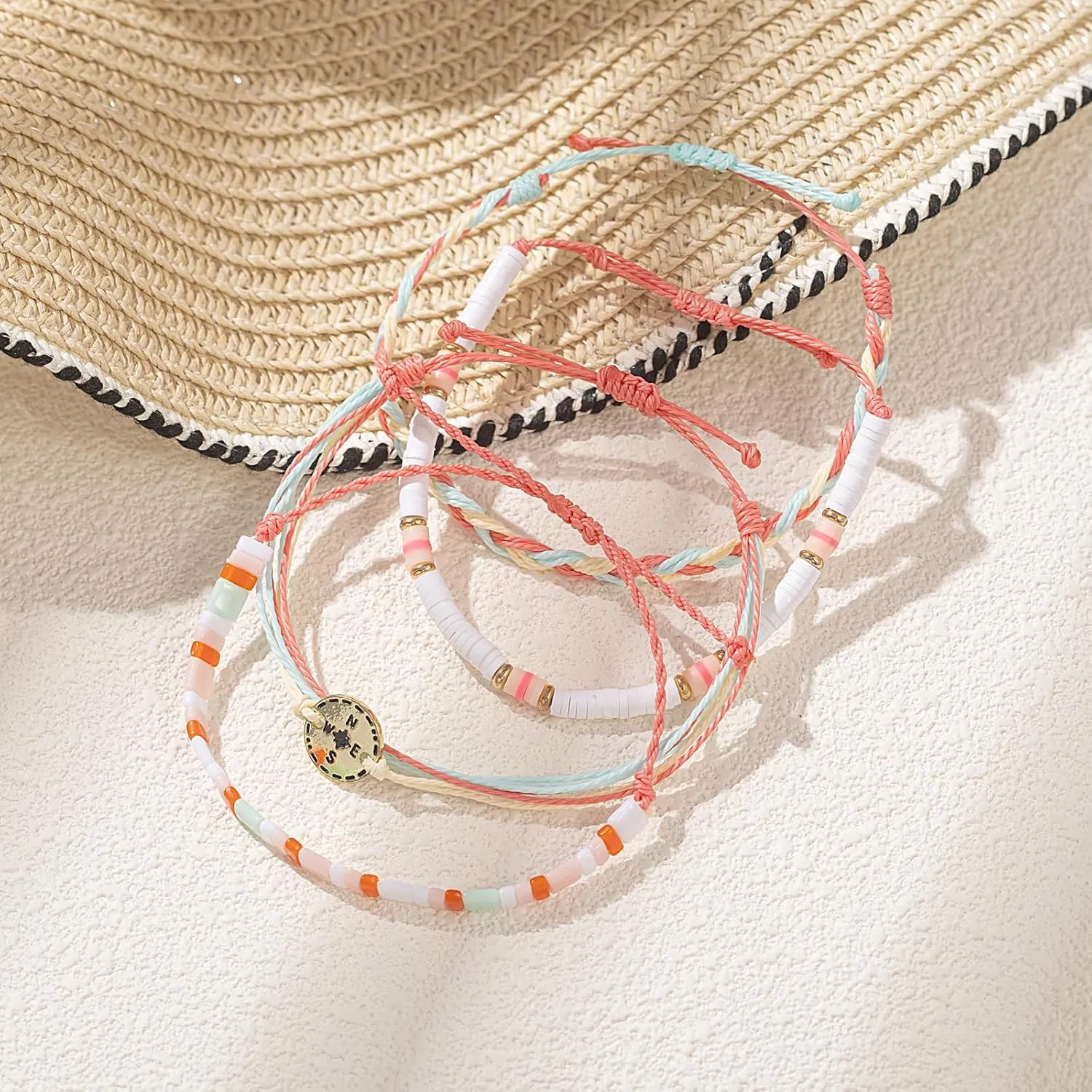 FANCY SHINY Beaded String Bracelets Compass Charm Clay Beads Boho Bracelet Stack Friendship Bracelets for Women
