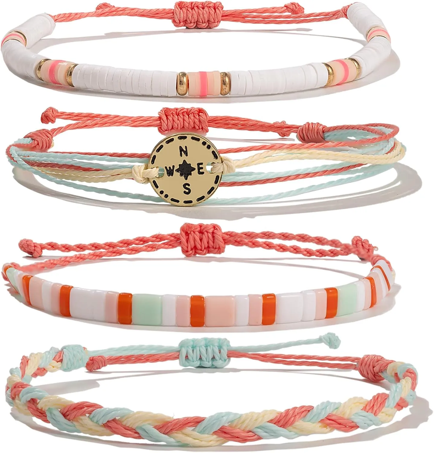FANCY SHINY Beaded String Bracelets Compass Charm Clay Beads Boho Bracelet Stack Friendship Bracelets for Women