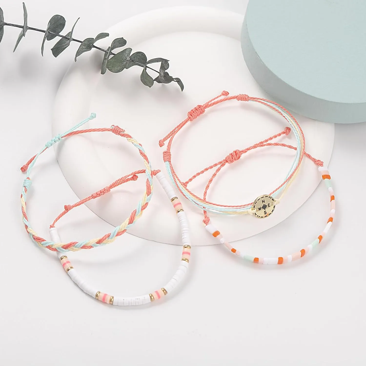 FANCY SHINY Beaded String Bracelets Compass Charm Clay Beads Boho Bracelet Stack Friendship Bracelets for Women
