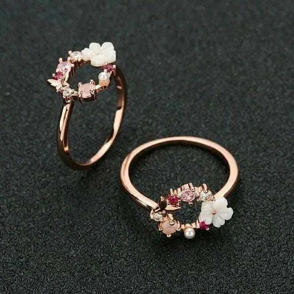 Flowers Crystal Rings Ladies Rose Gold Zircon Jewelry