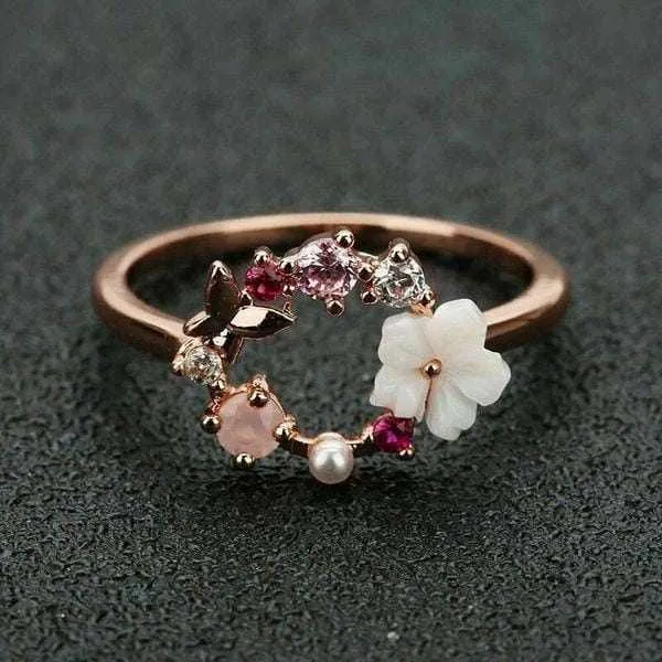 Flowers Crystal Rings Ladies Rose Gold Zircon Jewelry
