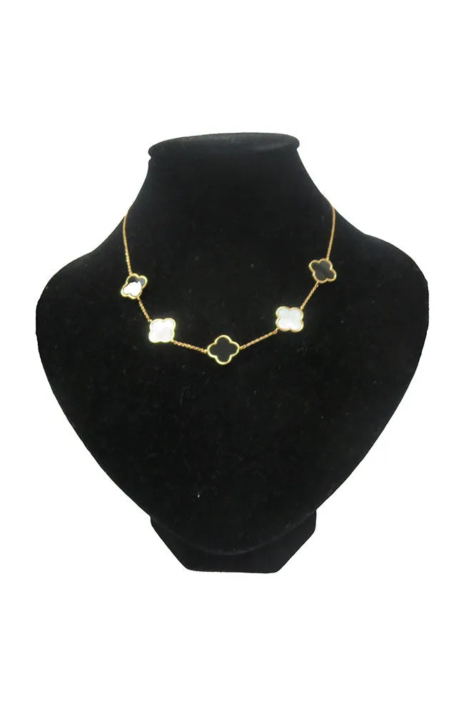 Gold Black MOP Clover 5 Station Necklace