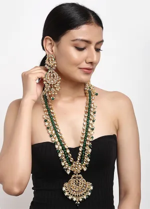 Gold Plated Kundan Jewellery Set With Emerald Green Beads