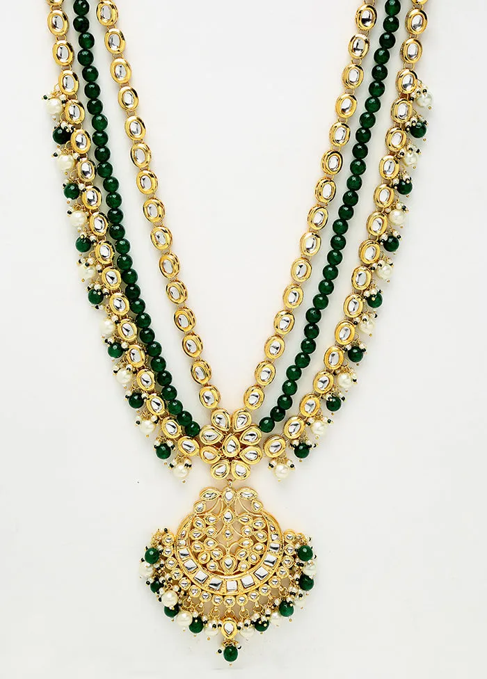 Gold Plated Kundan Jewellery Set With Emerald Green Beads