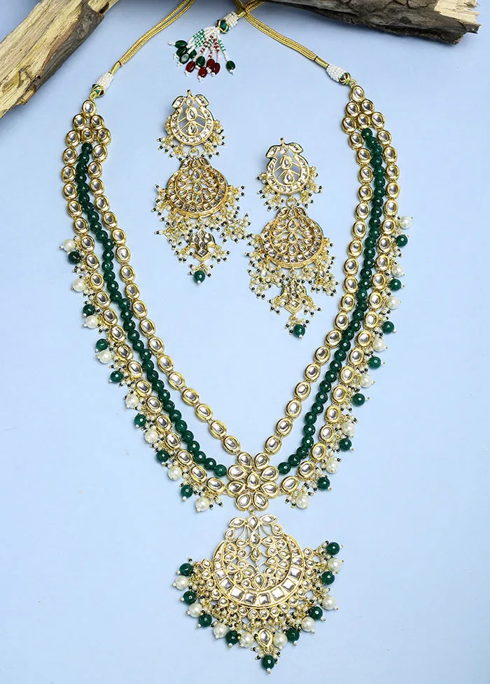 Gold Plated Kundan Jewellery Set With Emerald Green Beads