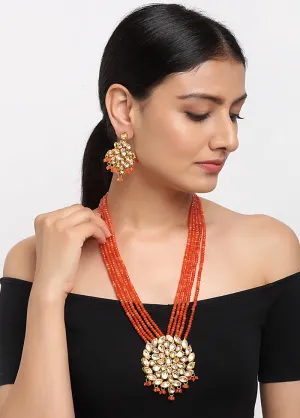 Gold Plated Kundan Jewellery Set With Orange Beads