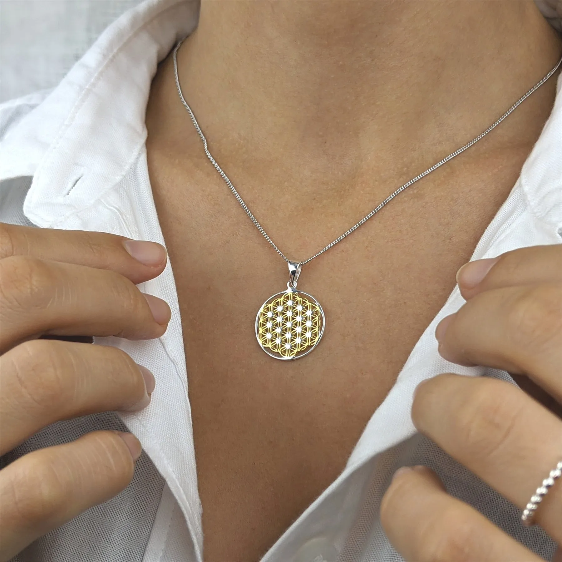 Gold Plated Sterling Silver Flower of Life Mandala Necklace - Filigree Disc Pendant