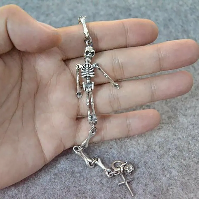 Gothic S925 Silver Skeleton & Cross Bracelet