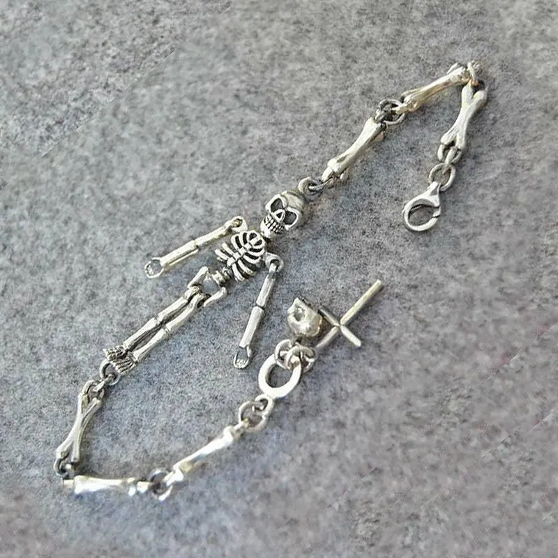 Gothic S925 Silver Skeleton & Cross Bracelet
