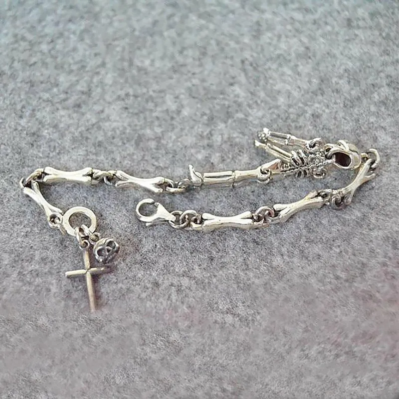Gothic S925 Silver Skeleton & Cross Bracelet