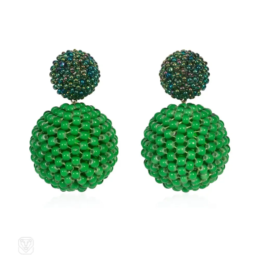 Handmade double ball green glass beaded earrings