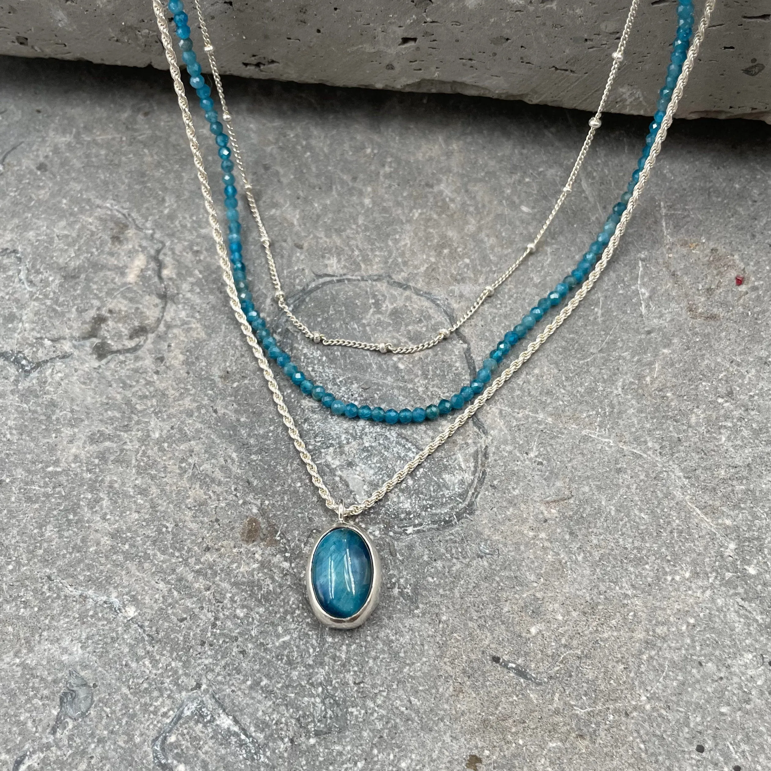 Handmade Silver Multi Strand Necklace with Apatite Beads and Blue Tiger's Eye Pendant