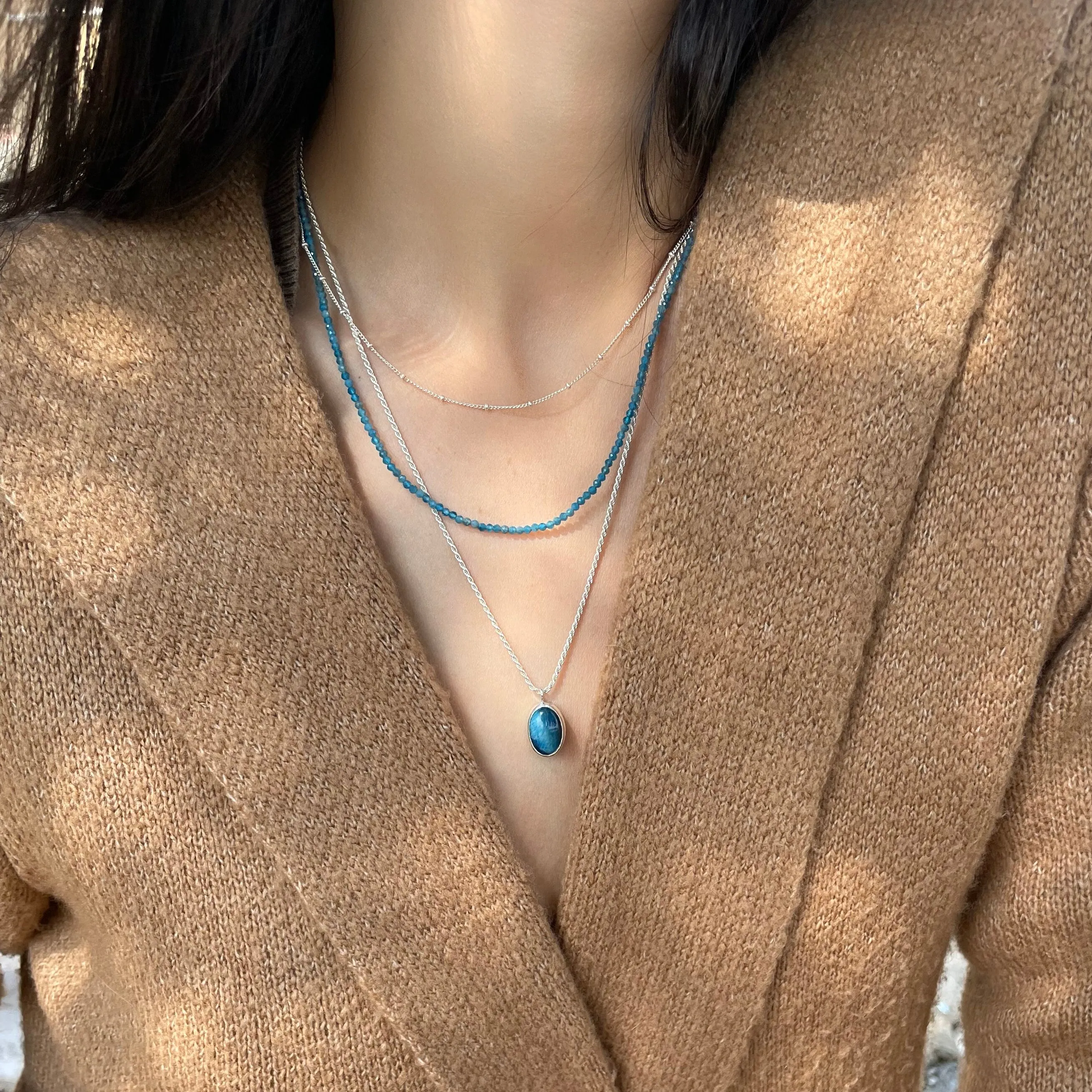 Handmade Silver Multi Strand Necklace with Apatite Beads and Blue Tiger's Eye Pendant
