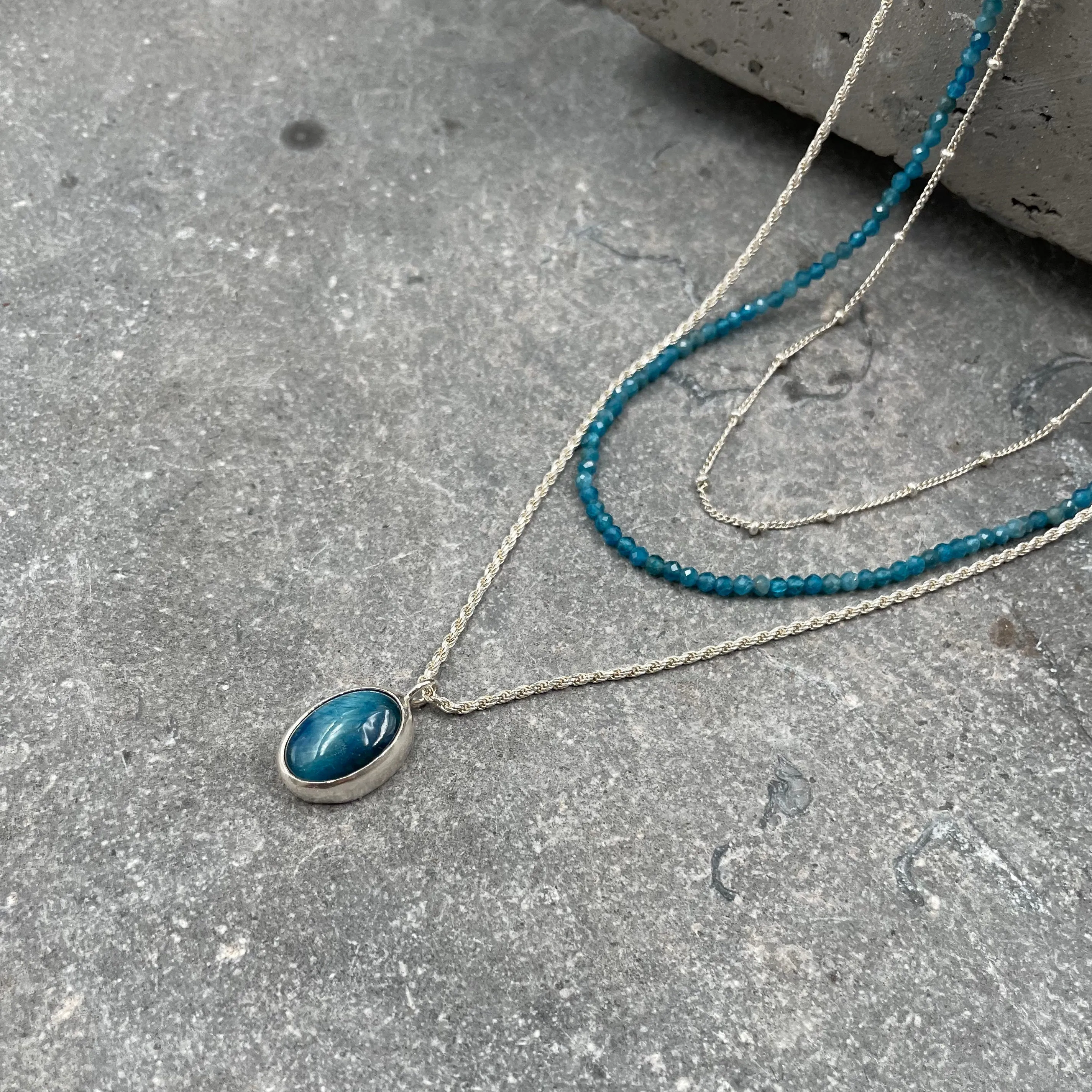 Handmade Silver Multi Strand Necklace with Apatite Beads and Blue Tiger's Eye Pendant