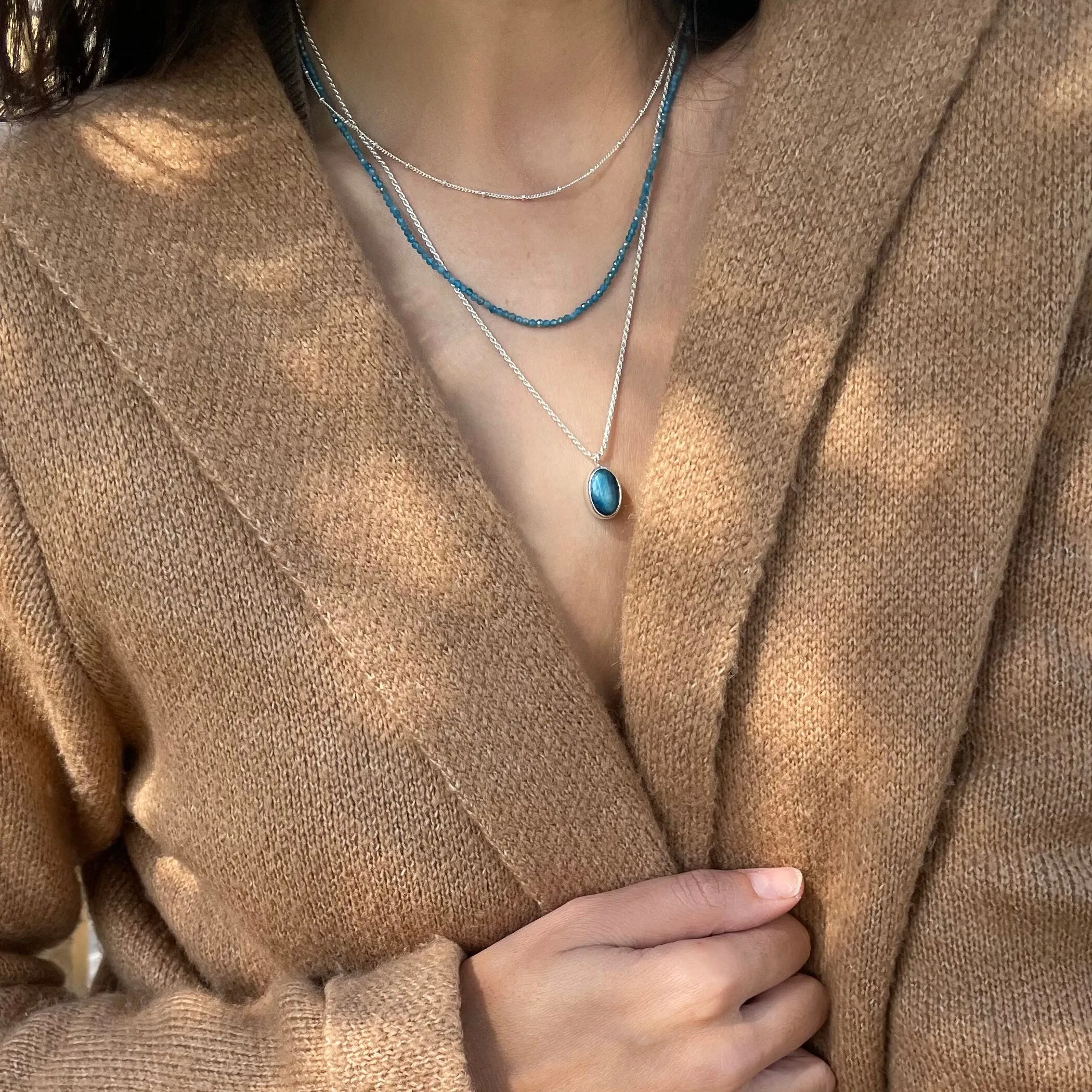 Handmade Silver Multi Strand Necklace with Apatite Beads and Blue Tiger's Eye Pendant