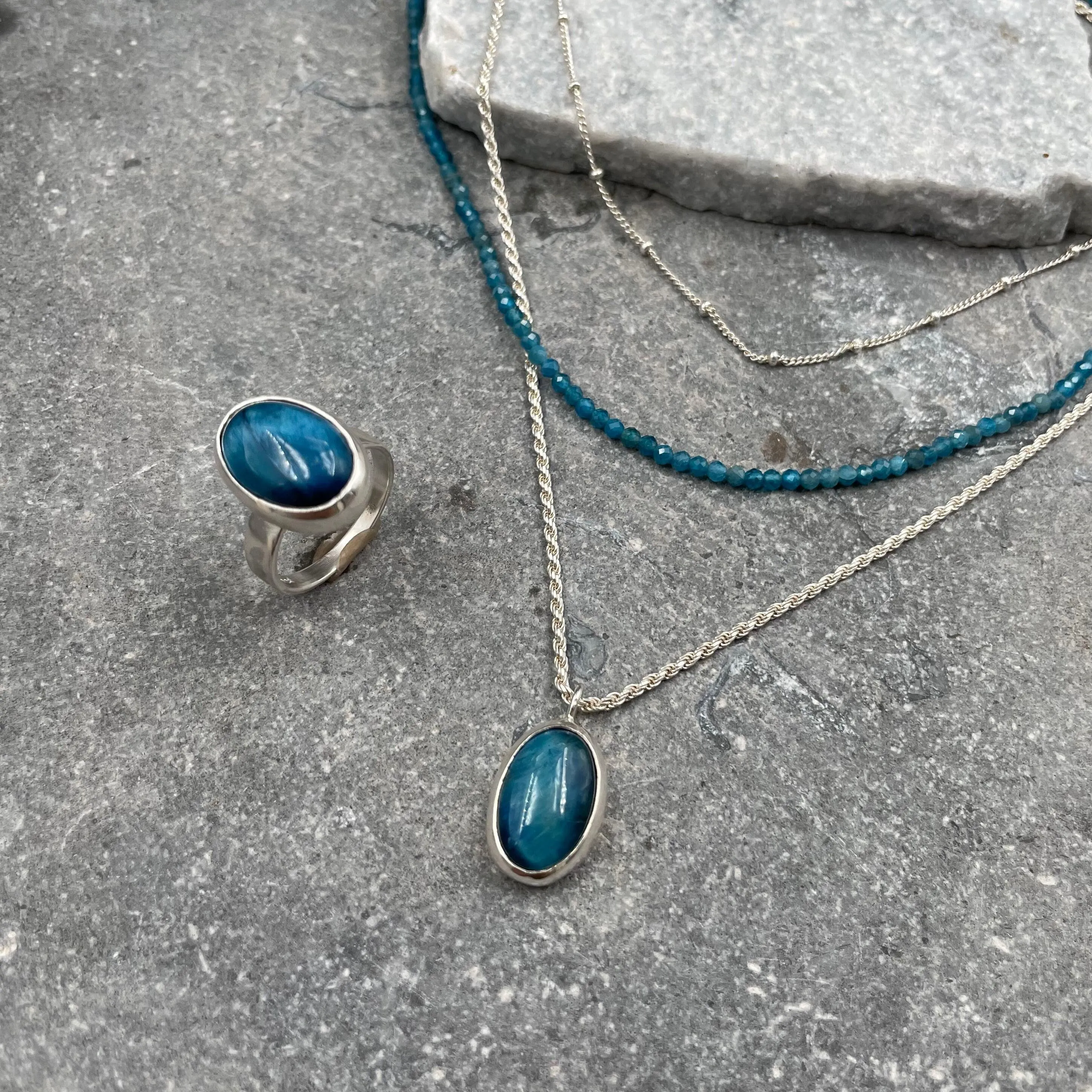 Handmade Silver Multi Strand Necklace with Apatite Beads and Blue Tiger's Eye Pendant