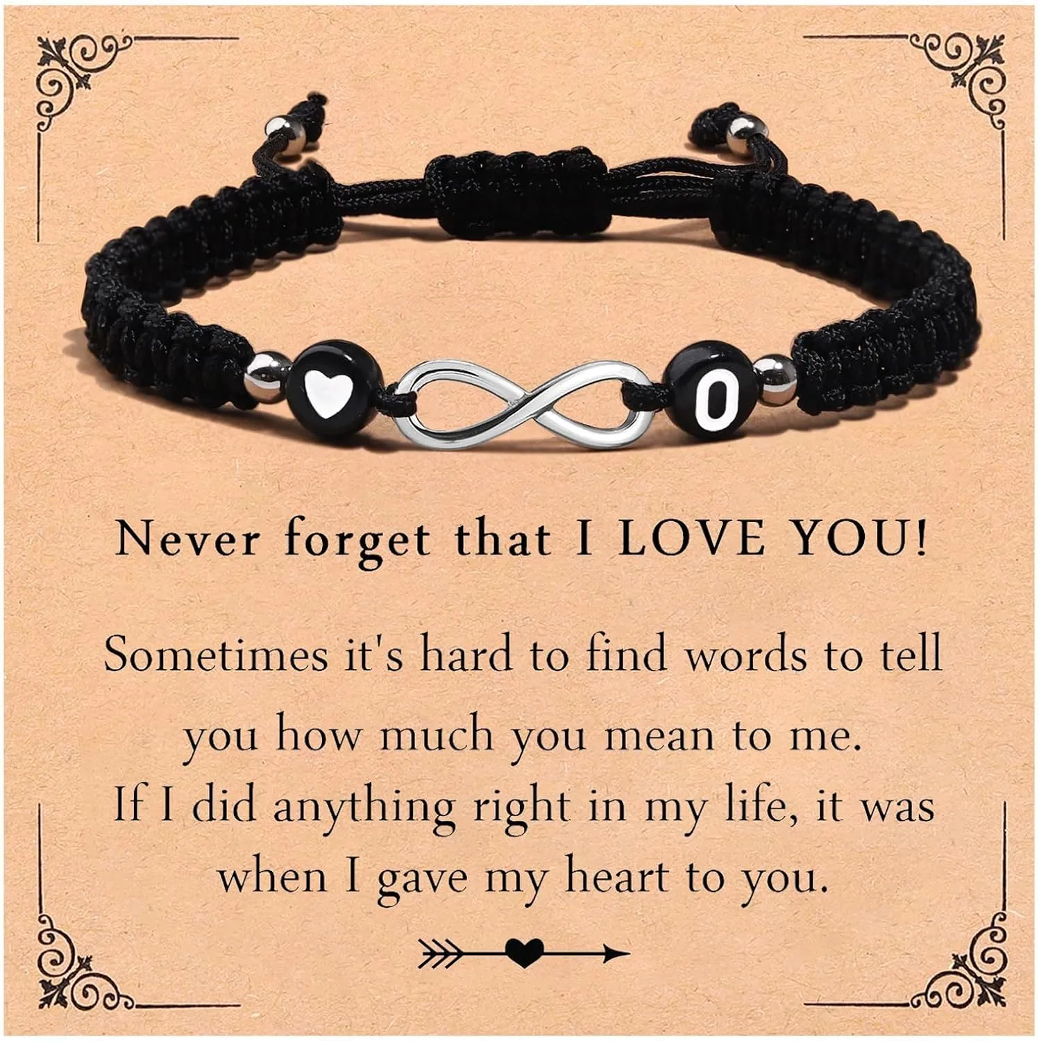 Heart Infinity A-Z Letter Bracelet for Women Adjustable Black Wristlet Gift Love Initial Wristband Birthday Anniversary