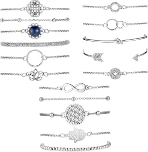 Hicarer 16 Piece Layered Bracelet Set Vintage Flower Hand Chain Adjustable Charm Pendent Stack Bracelet